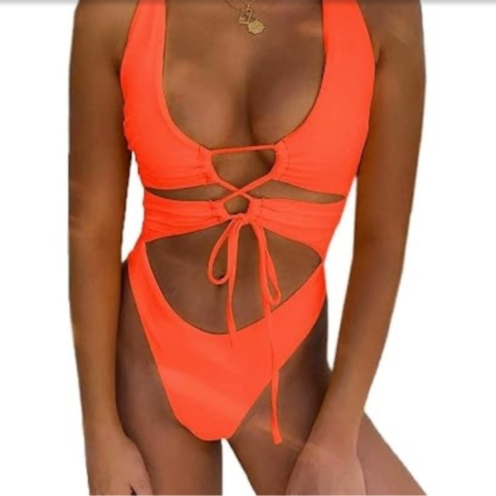 CHYRII Sexy Cutout Lace Up Backless High Cut Swimsuit Monokini Orange size XL